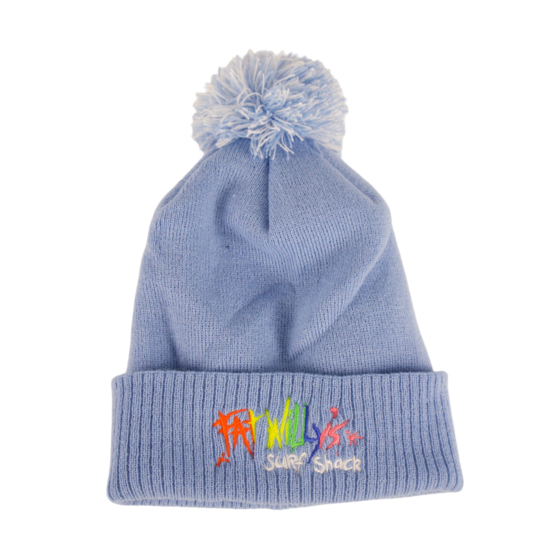 Blue knit baby hat with colorful text and pom-pom on a beige background