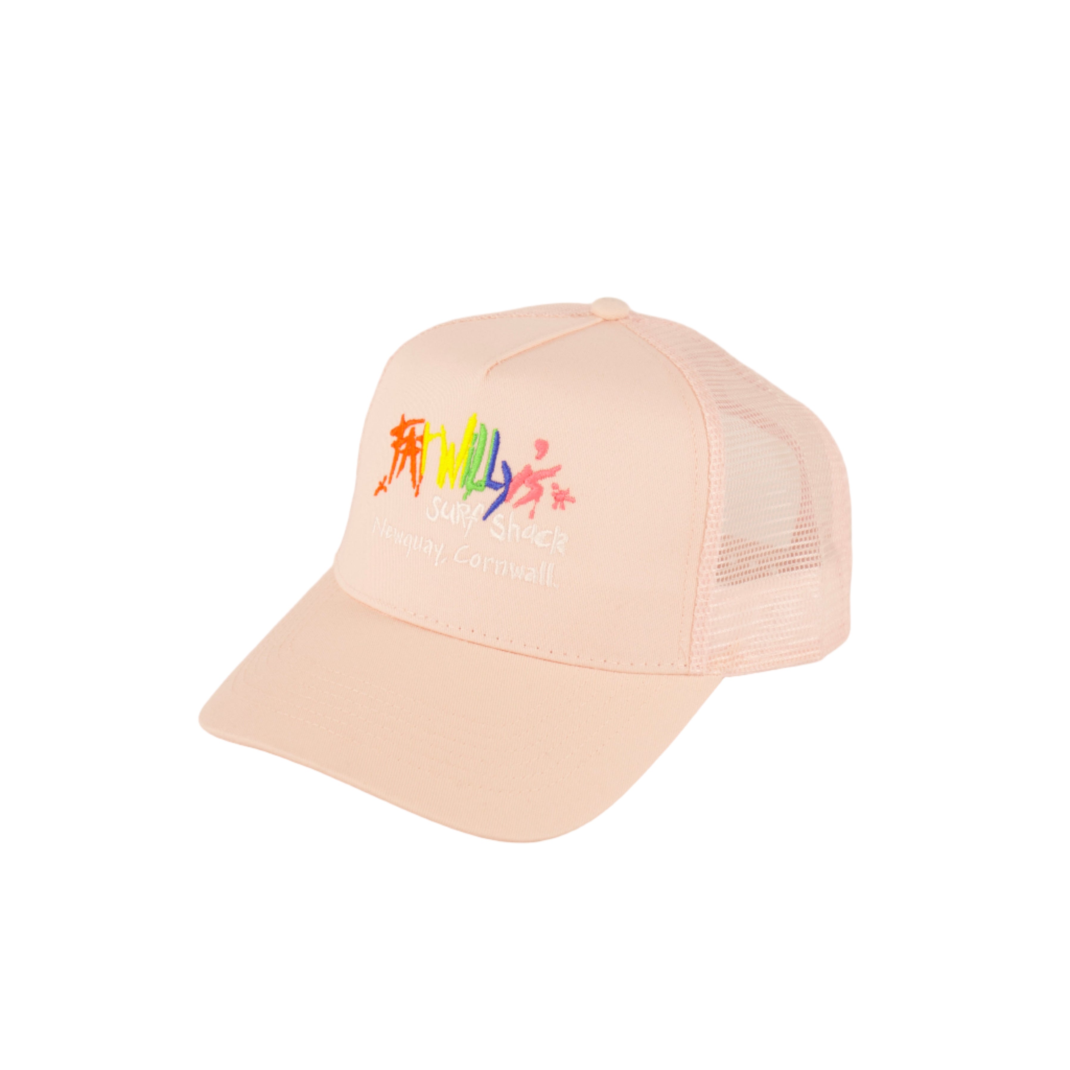 Pink cap with colorful text on a beige background