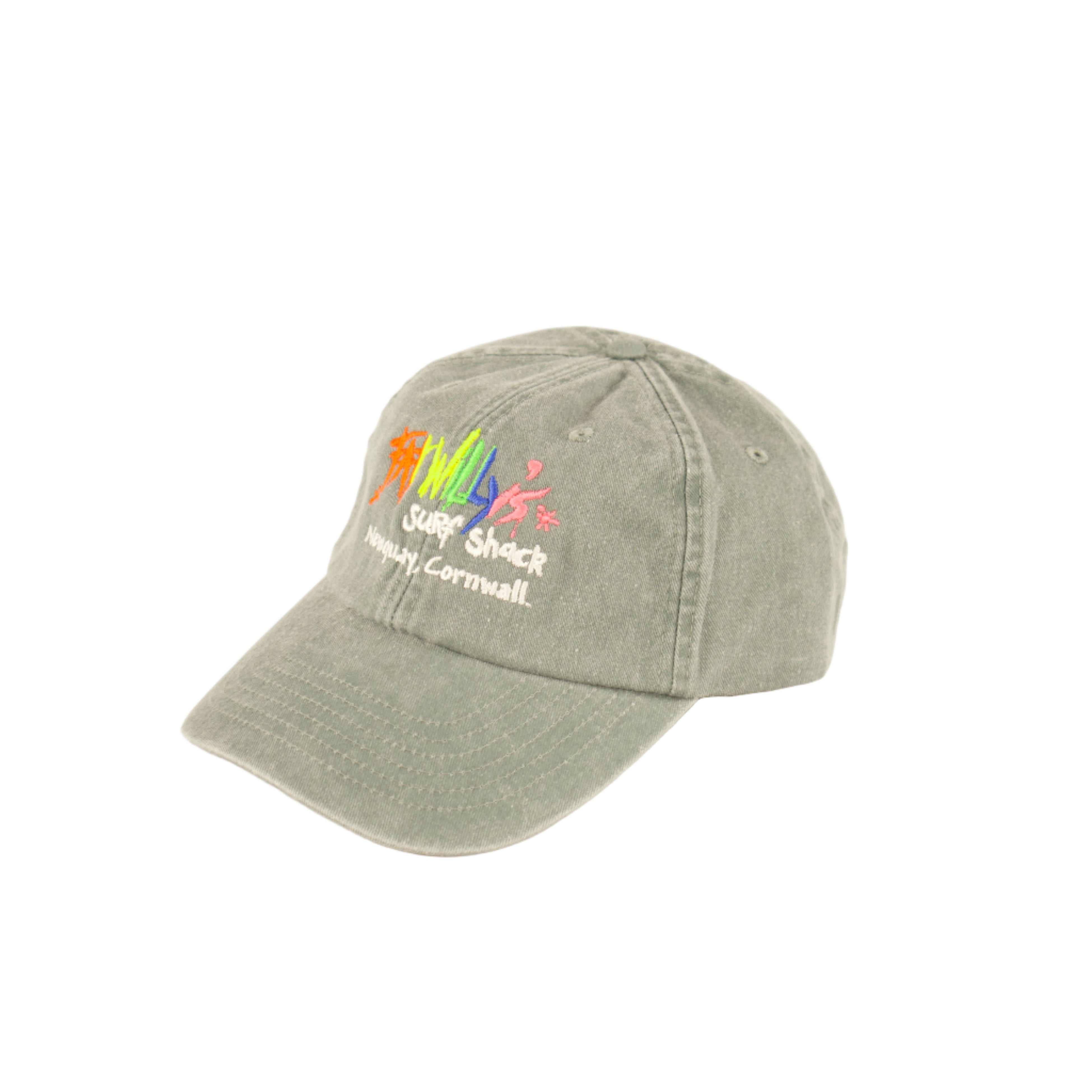 Green cap with colorful logo and text on a light beige background
