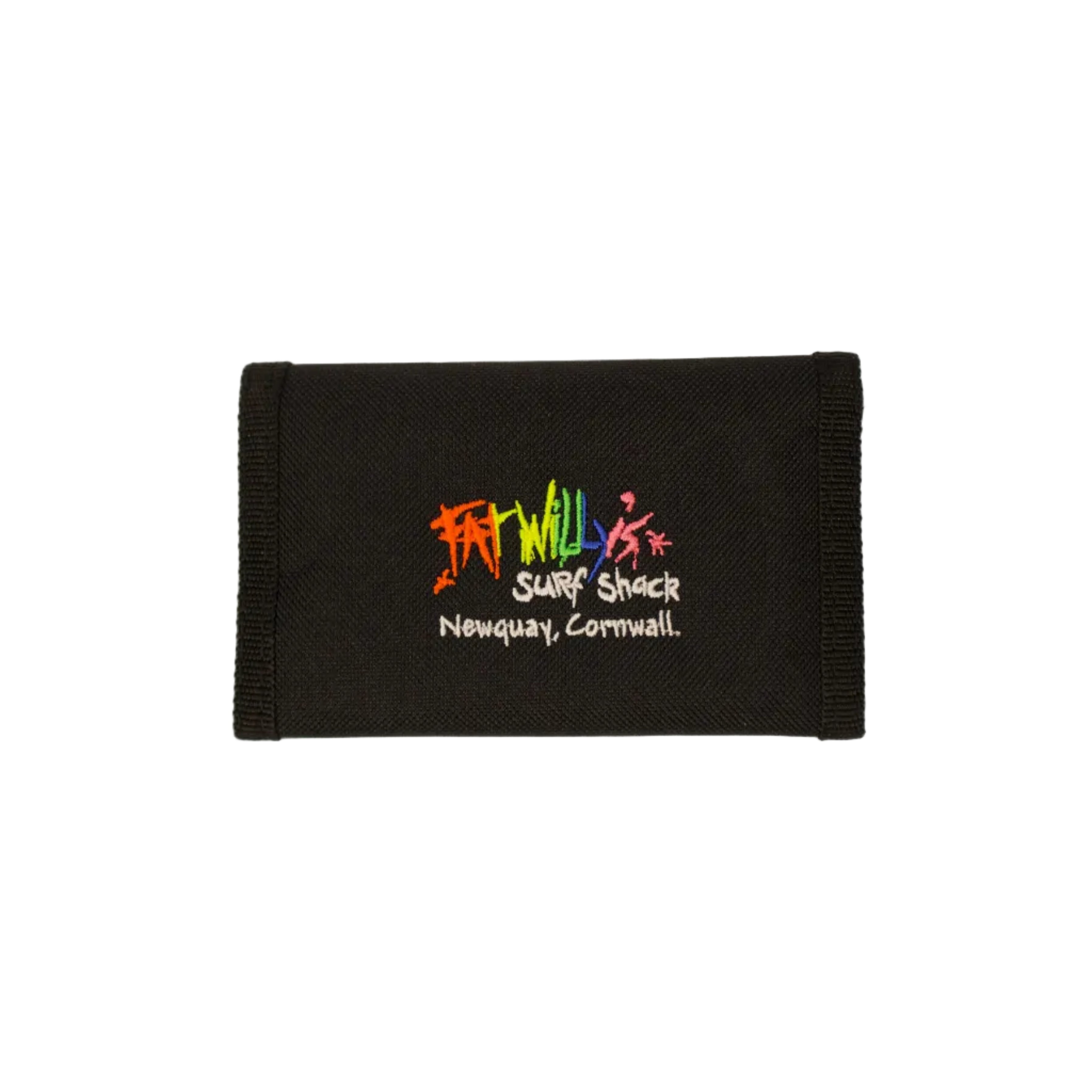 Black fabric with colorful embroidery on a beige background