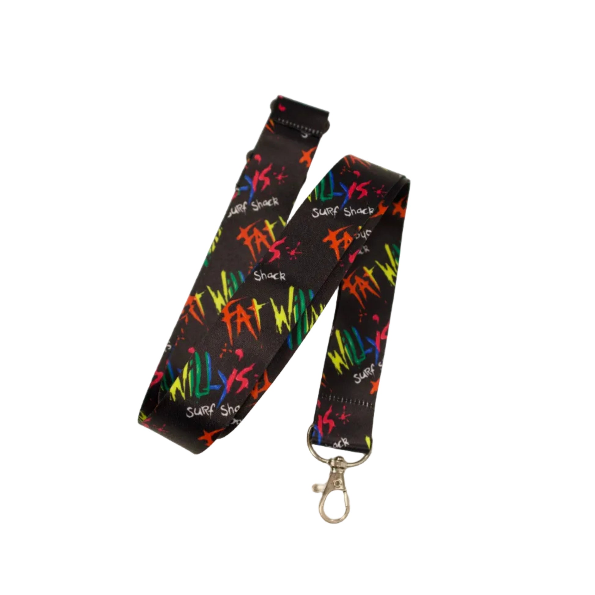 Black lanyard with colorful text and graphics on a white background