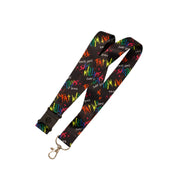 Colorful lanyard with text on a beige background