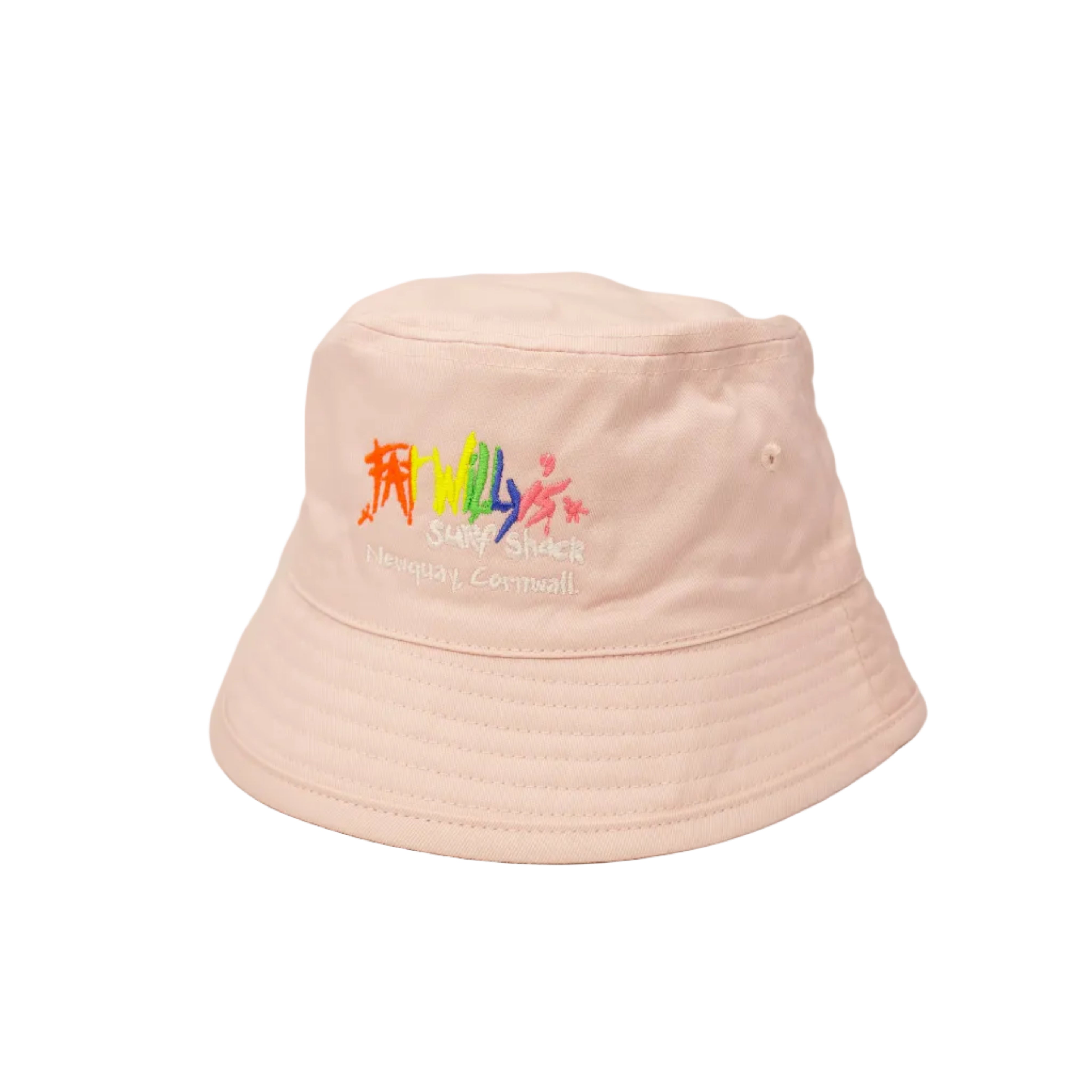 Pink bucket hat with colorful text on a light gray background