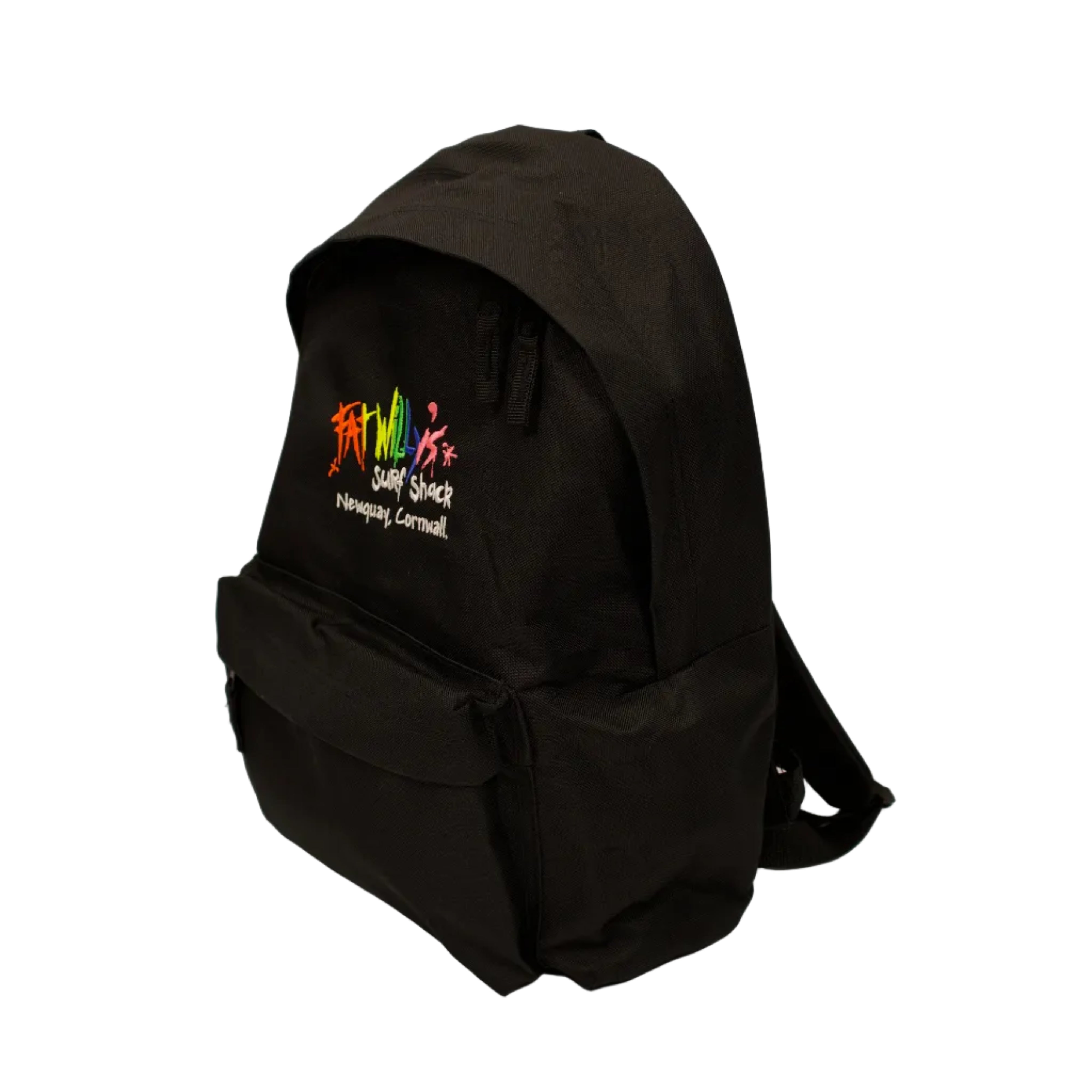 Black backpack with colorful text on a plain background