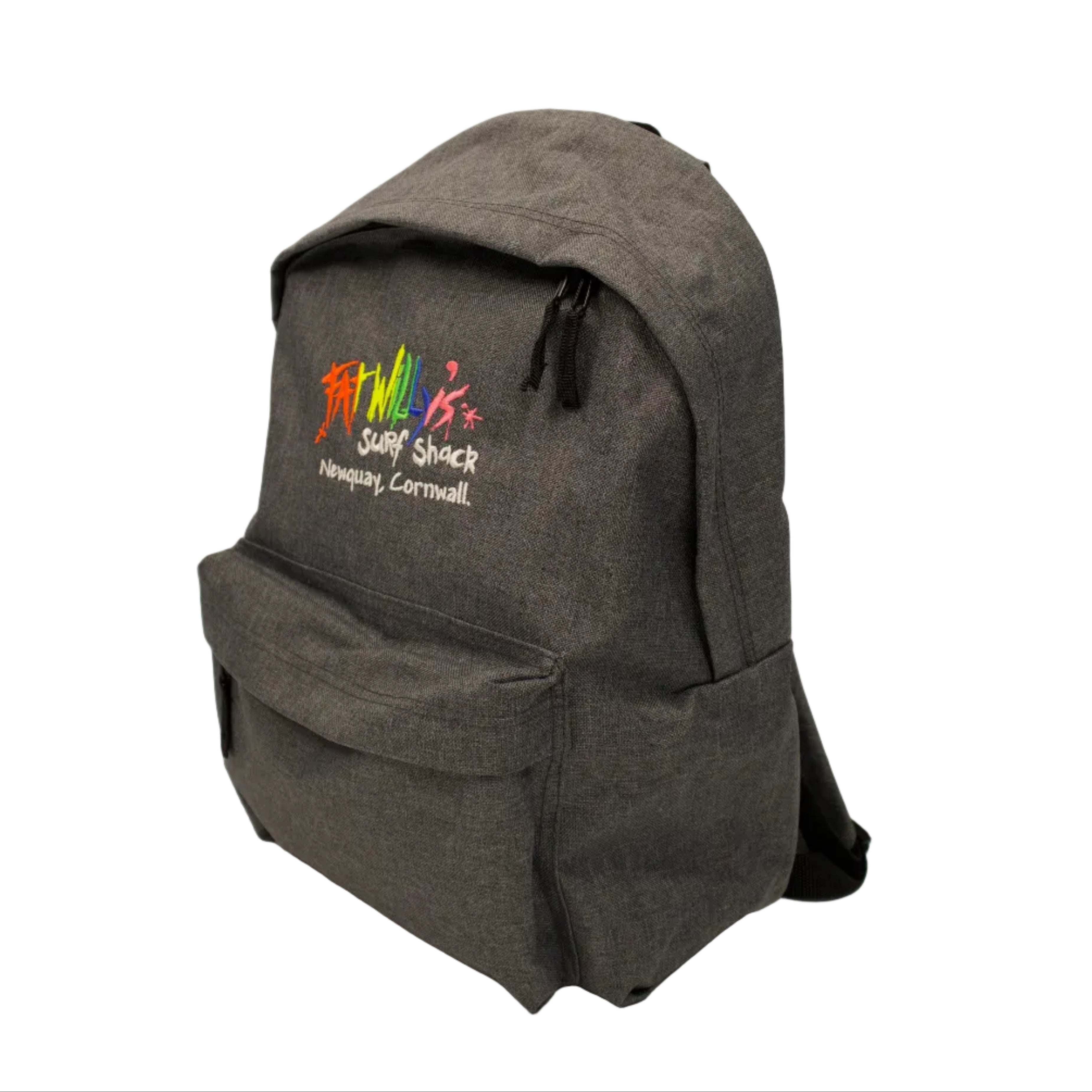 Gray backpack with colorful logo on a white background
