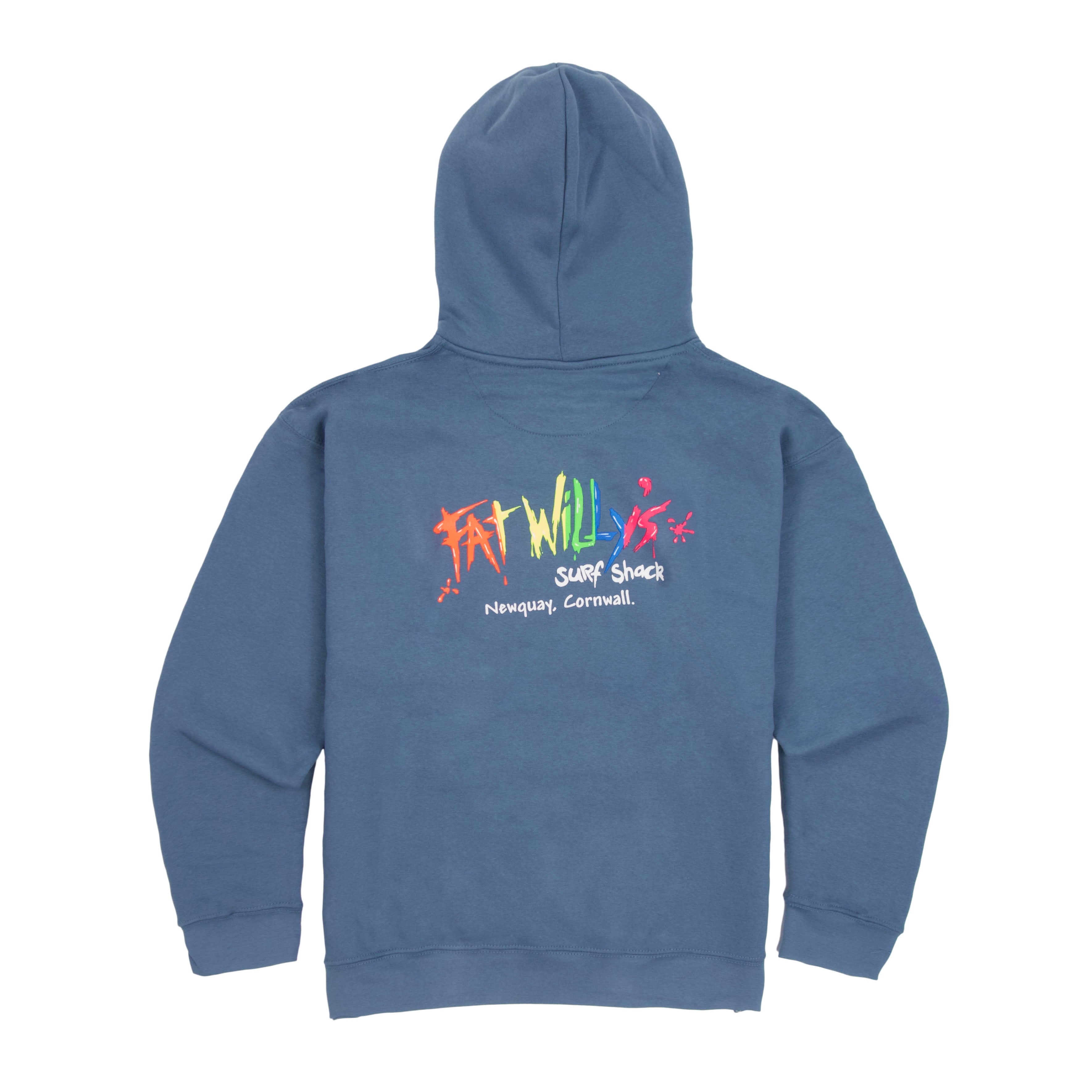 Ocean Blue Adult Hoodie with retro multicolour Fat Willy’s logo