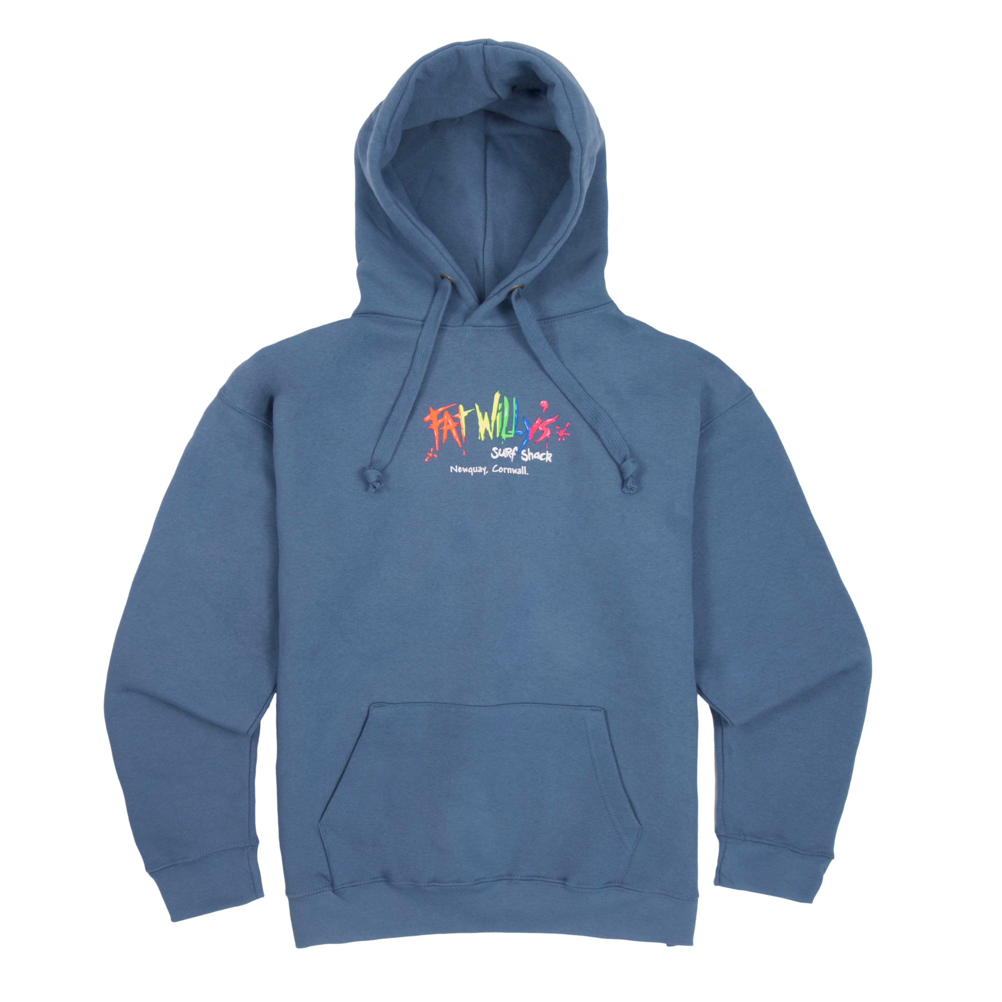Ocean Blue Adult Hoodie with retro multicolour Fat Willy’s logo