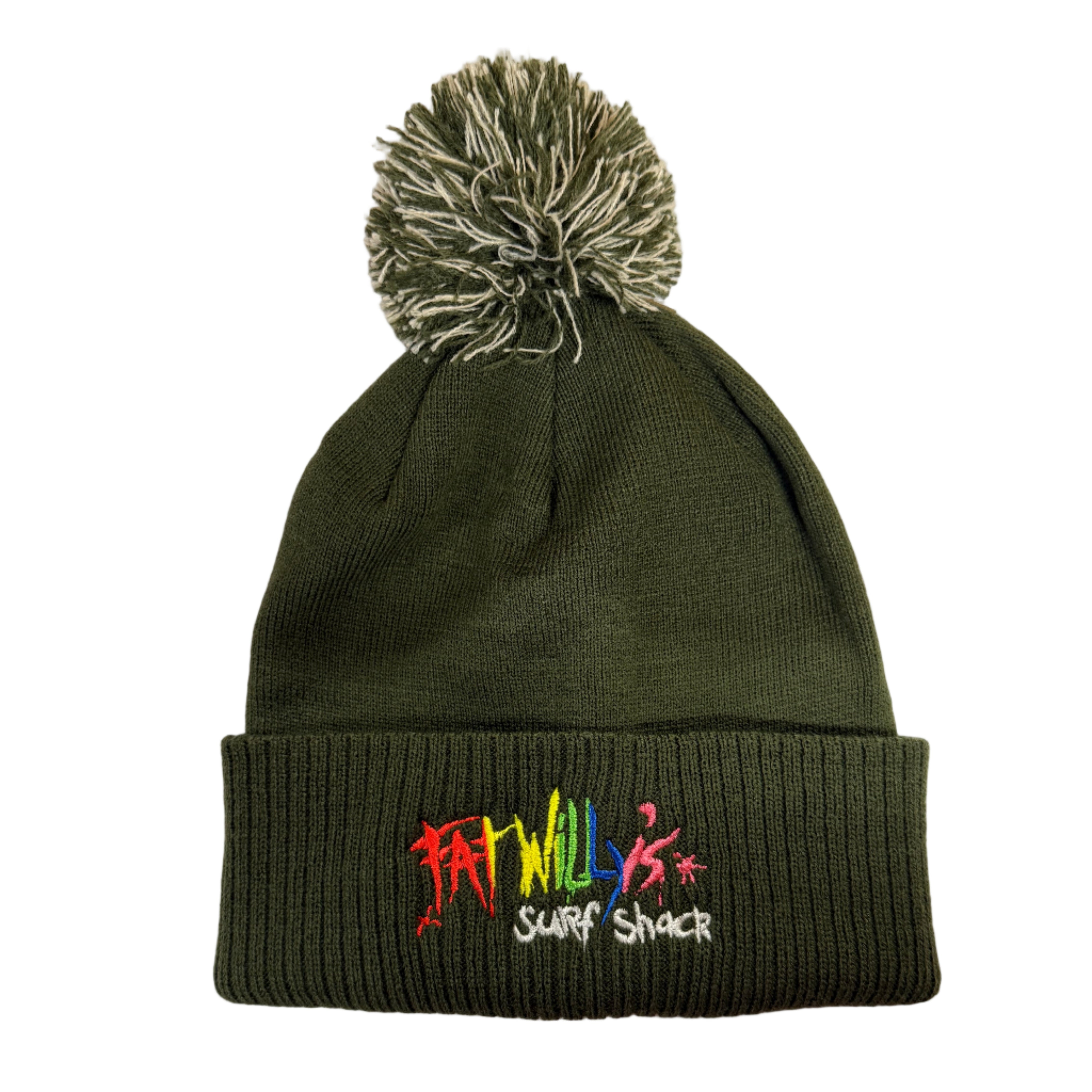 Green bobble hat with colorful embroidered text on a white background