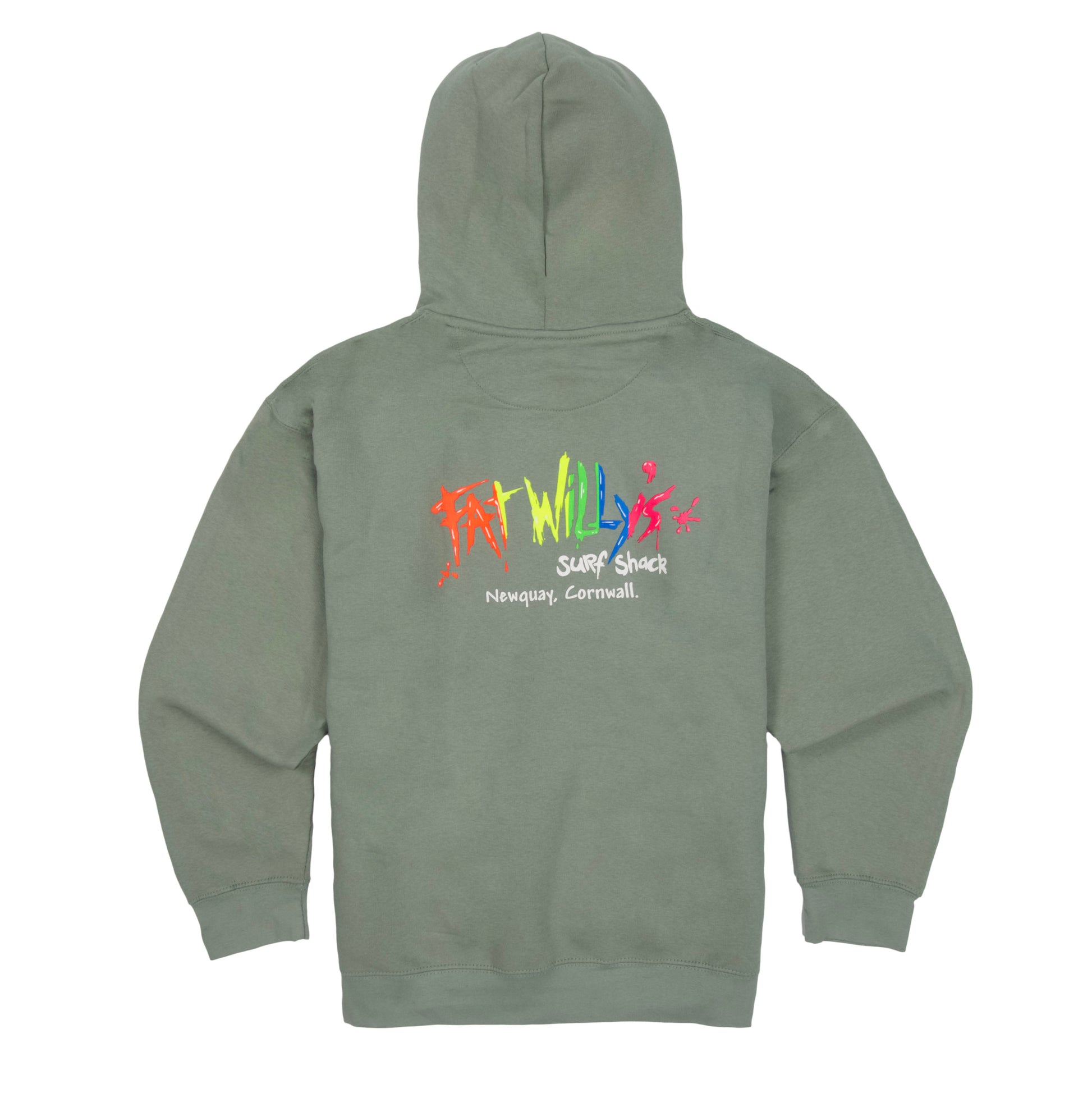 Sage Green Adult Hoodie with retro multicolour Fat Willy’s logo