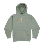 Sage Green Adult Hoodie with retro multicolour Fat Willy’s logo
