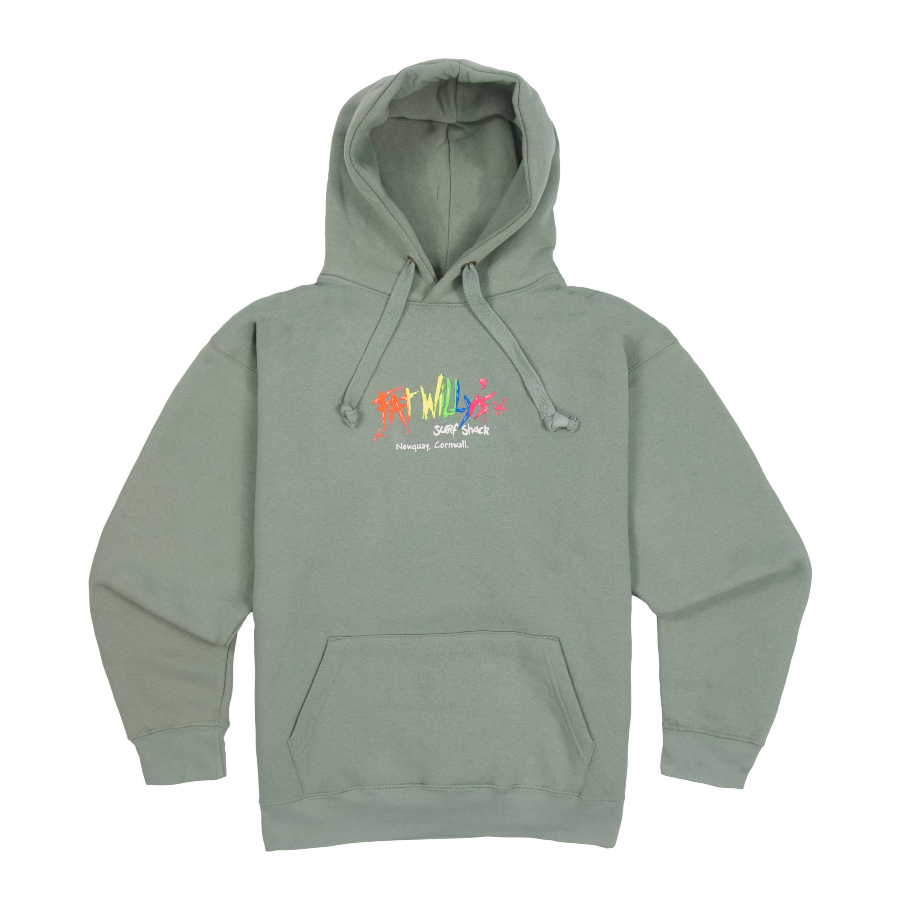 Sage Green Adult Hoodie with retro multicolour Fat Willy’s logo