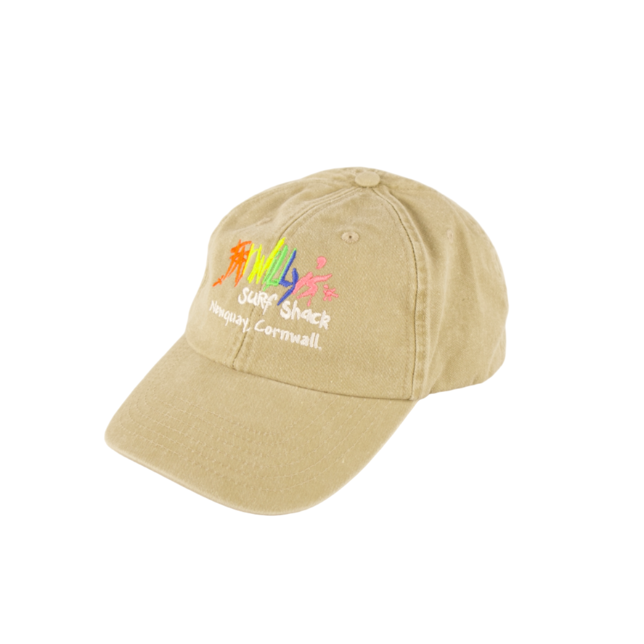 Beige cap with colorful branding on a white background