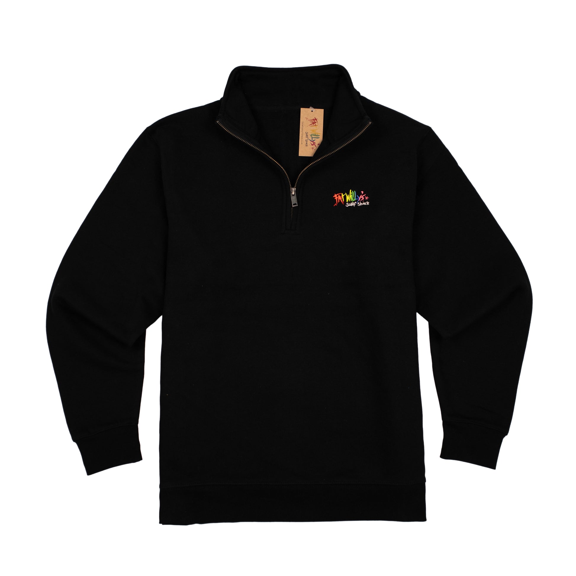 Black pullover with a colorful logo on a white background