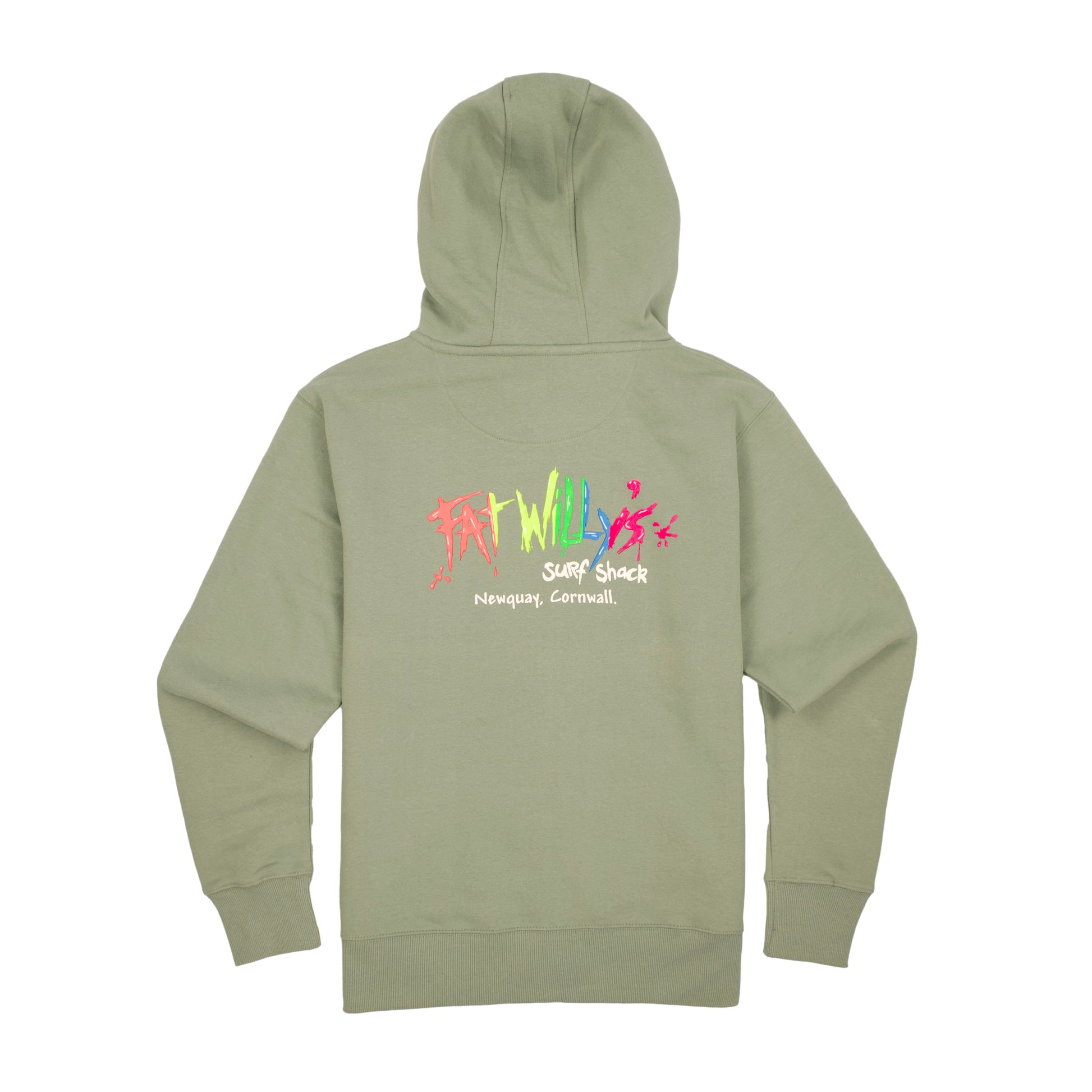 Sage Green hoodie with colorful text on the back against a white background