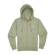 Sage Green hoodie with a colorful logo on a white background