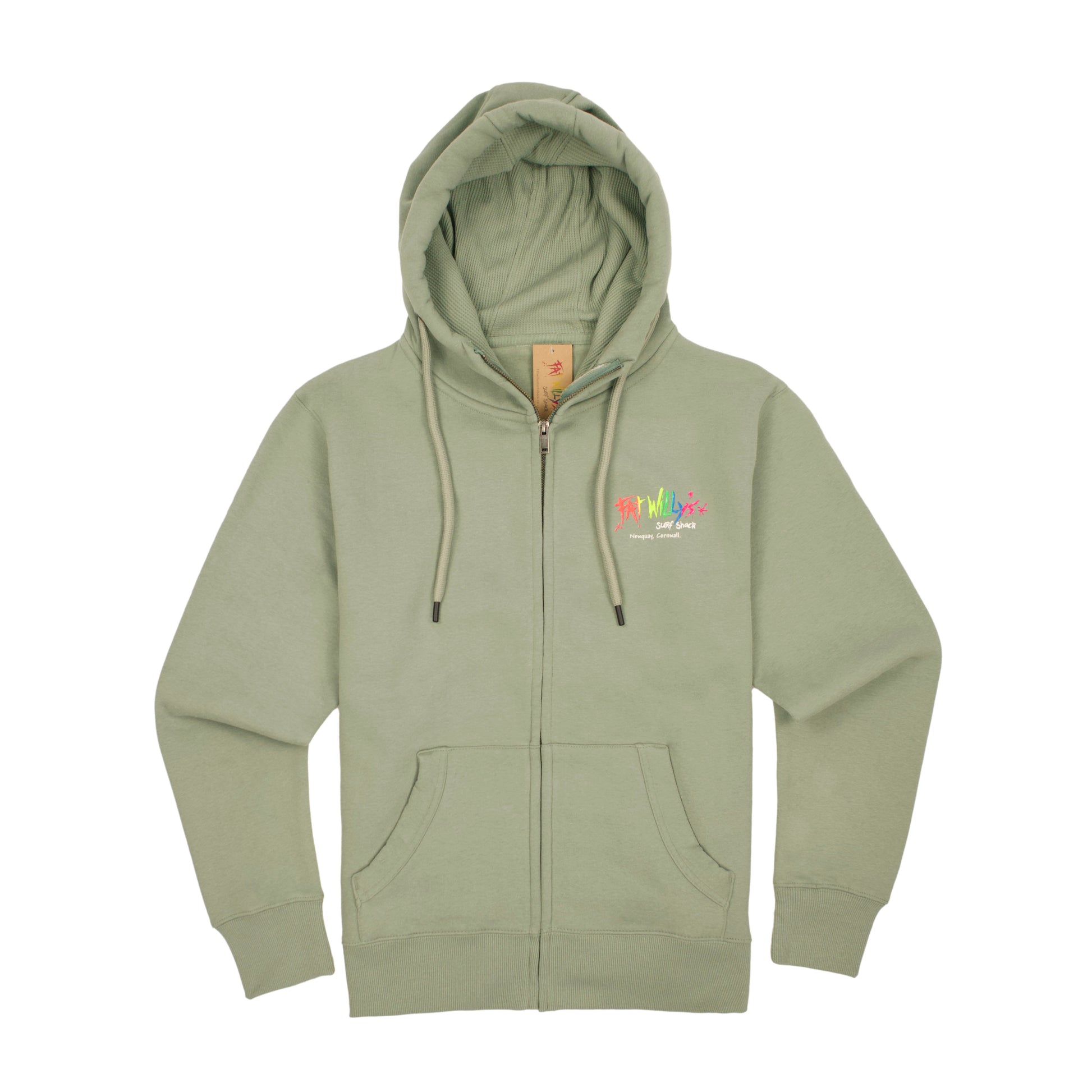 Sage Green hoodie with a colorful logo on a white background