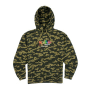 A camouflage patterned hoodie with a hood, featuring a bright multicolored logo on the front.