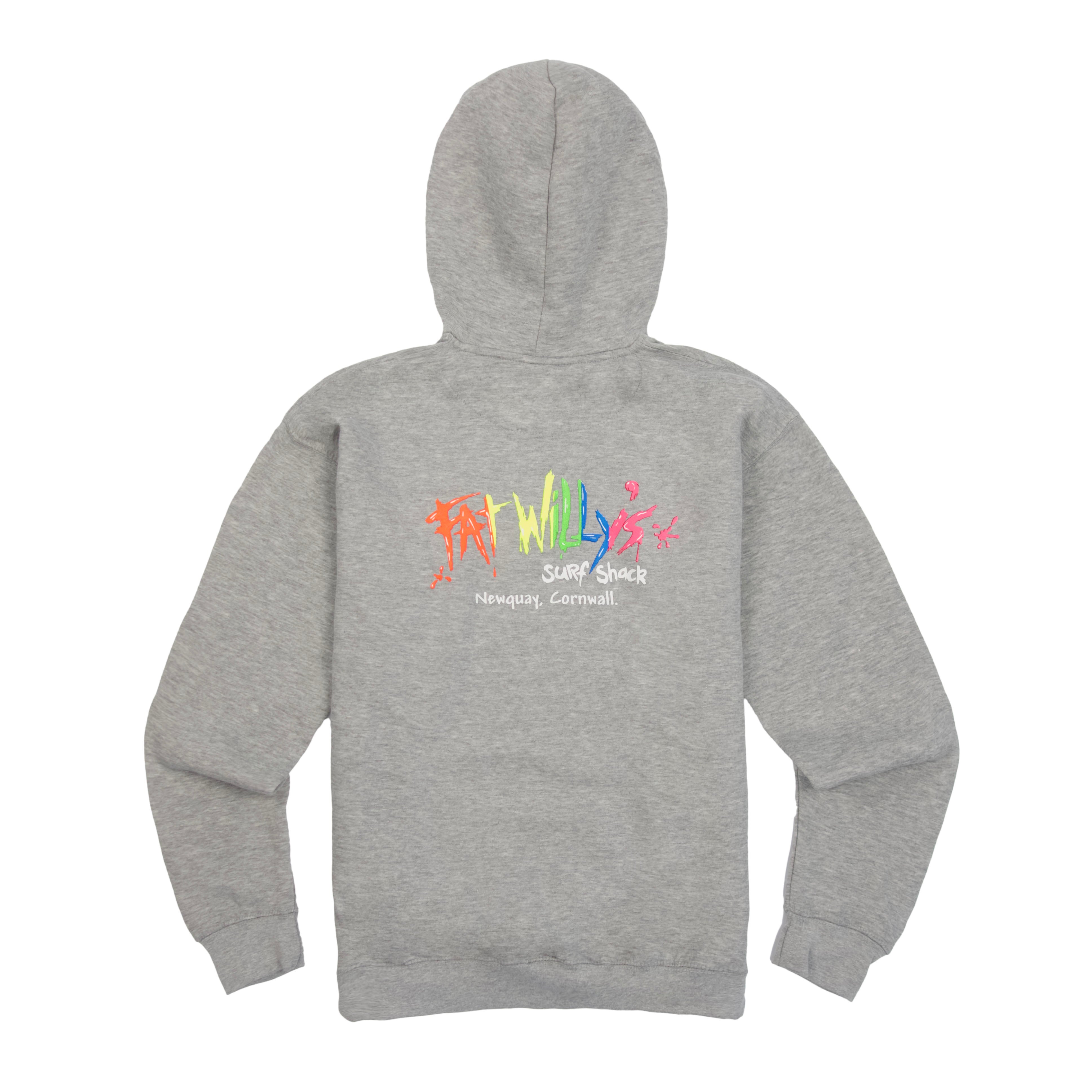 Sport Grey Fat Willy’s hoodie with retro multicolour logo embroidery, laid flat on white background back print