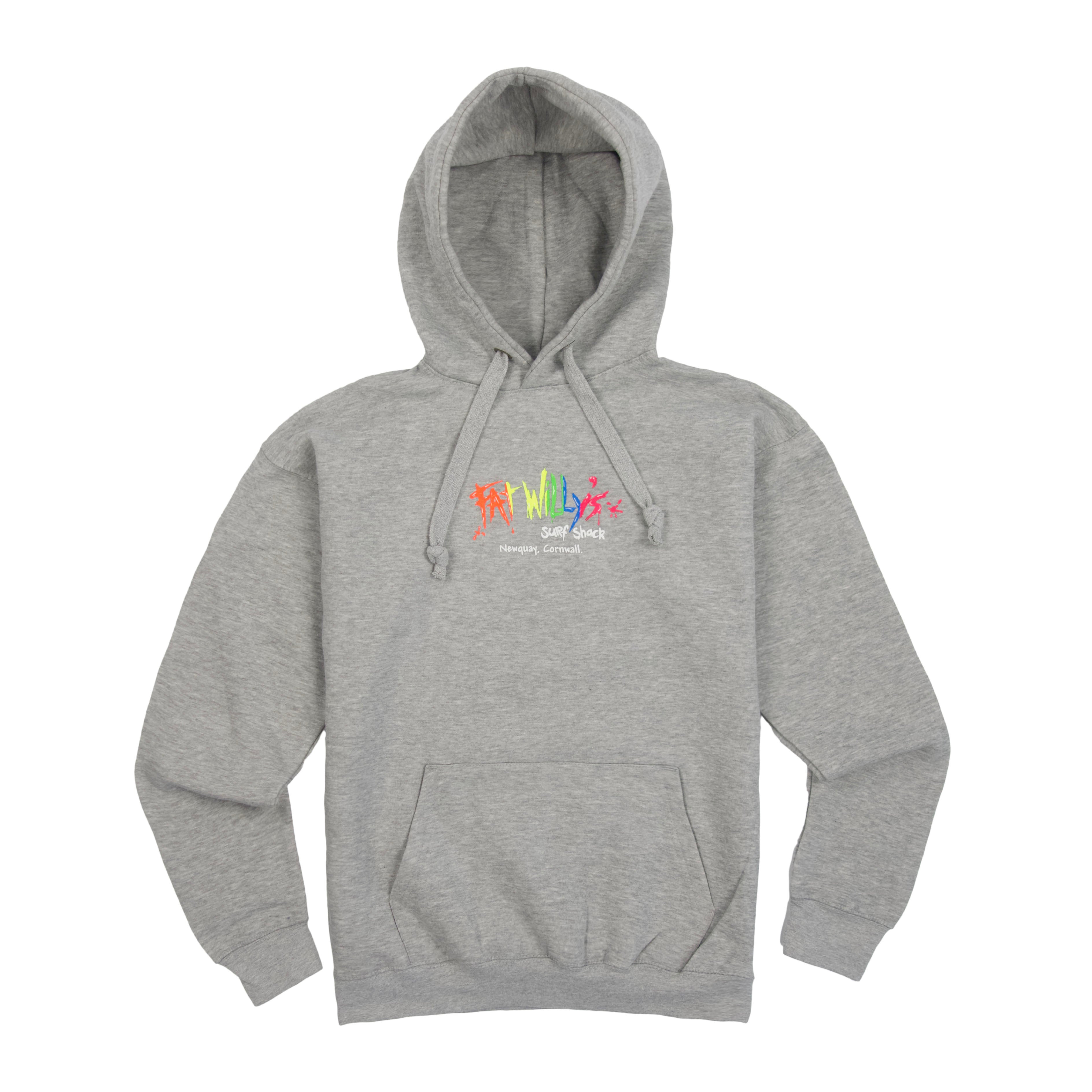 Sport Grey Fat Willy’s hoodie with retro multicolour logo embroidery, laid flat on white background front