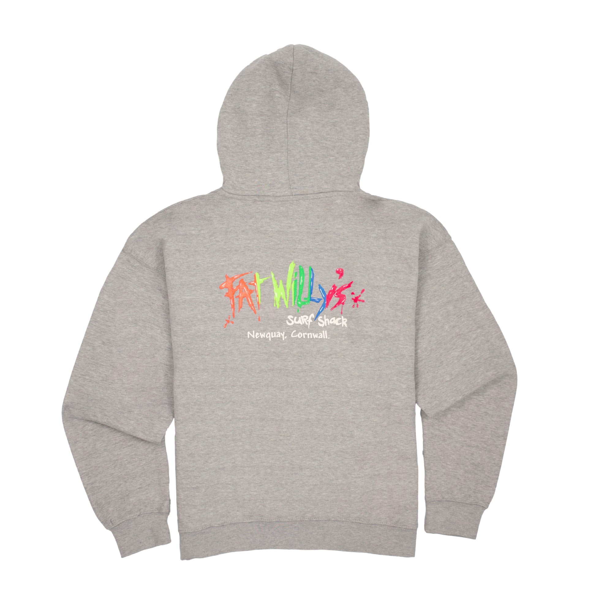 Heather grey zip hoodie featuring the Fat Willy's logo in multicolor print on the back.