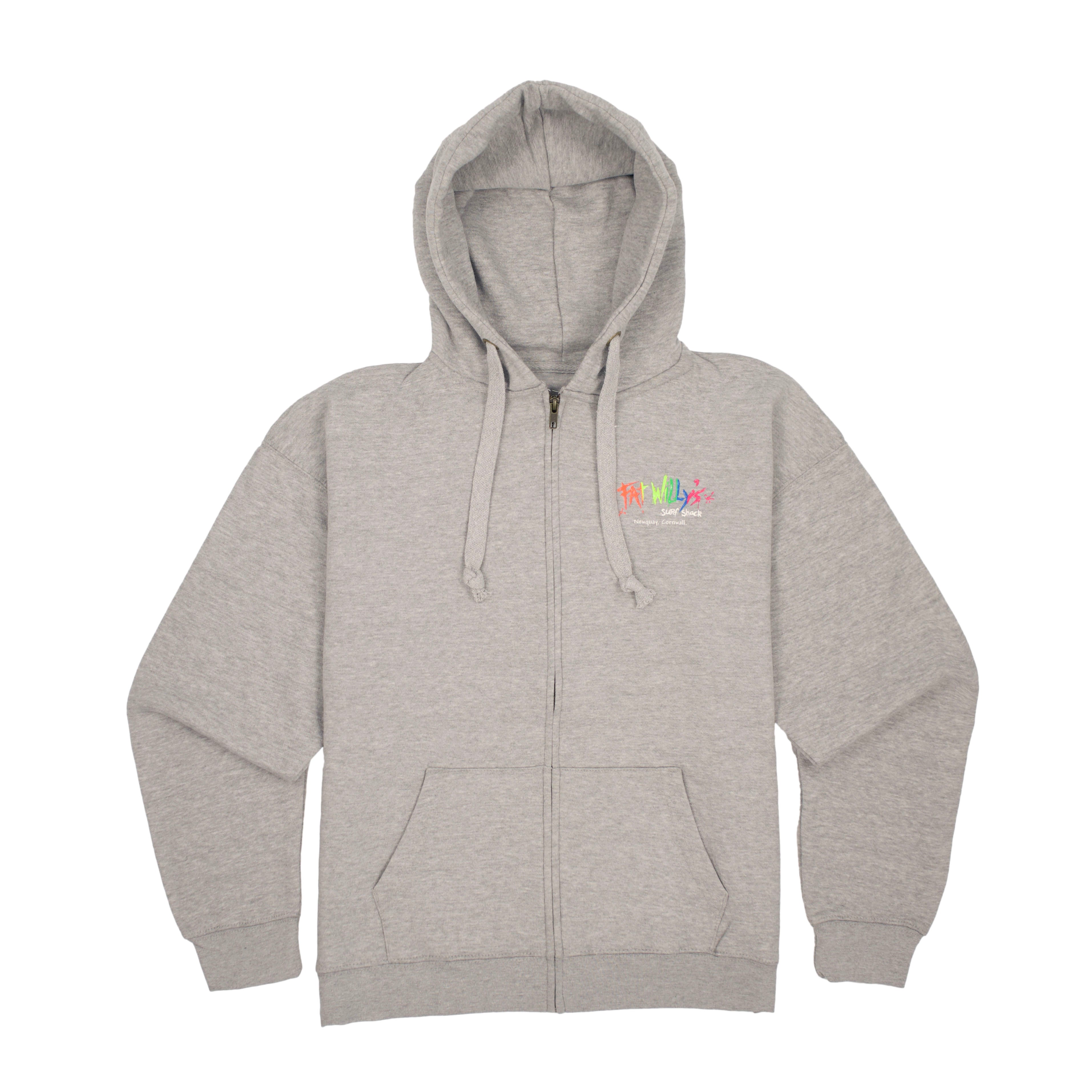 Heather grey zip hoodie with a front pouch and ribbed cuffs, featuring the Fat Willy's logo in multicolor print on the chest.