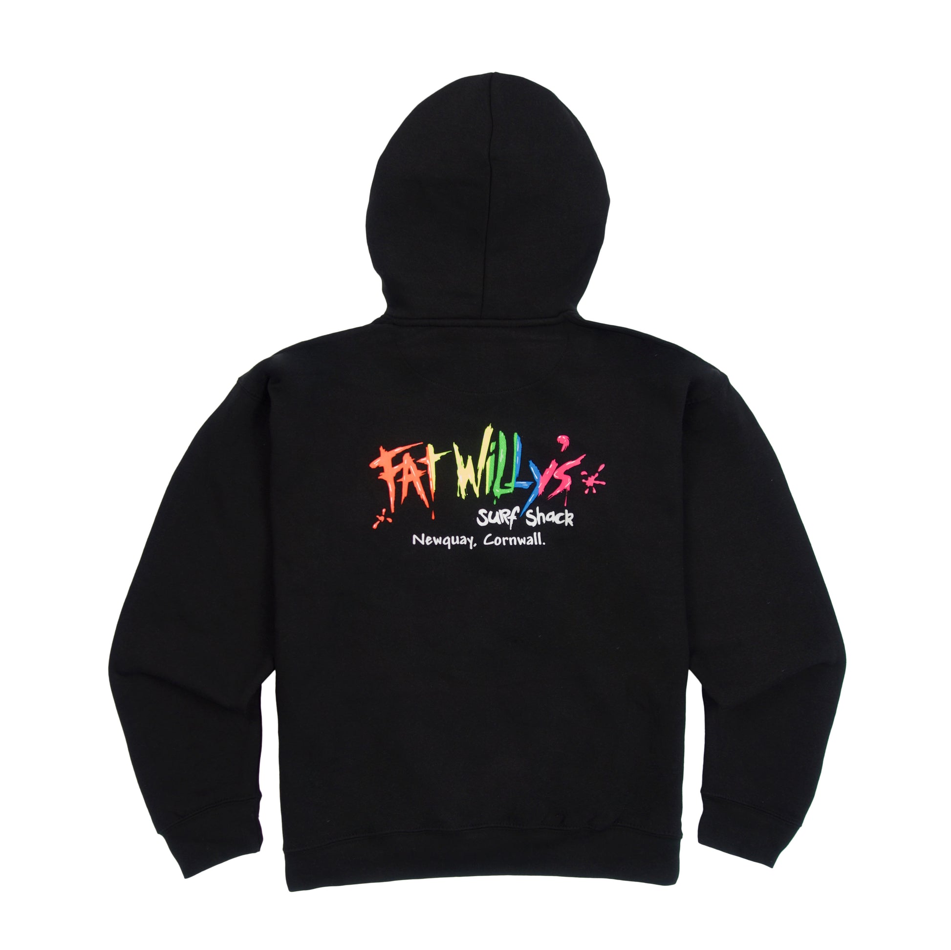 Black Adult Hoodie with retro multicolour Fat Willy’s logo
