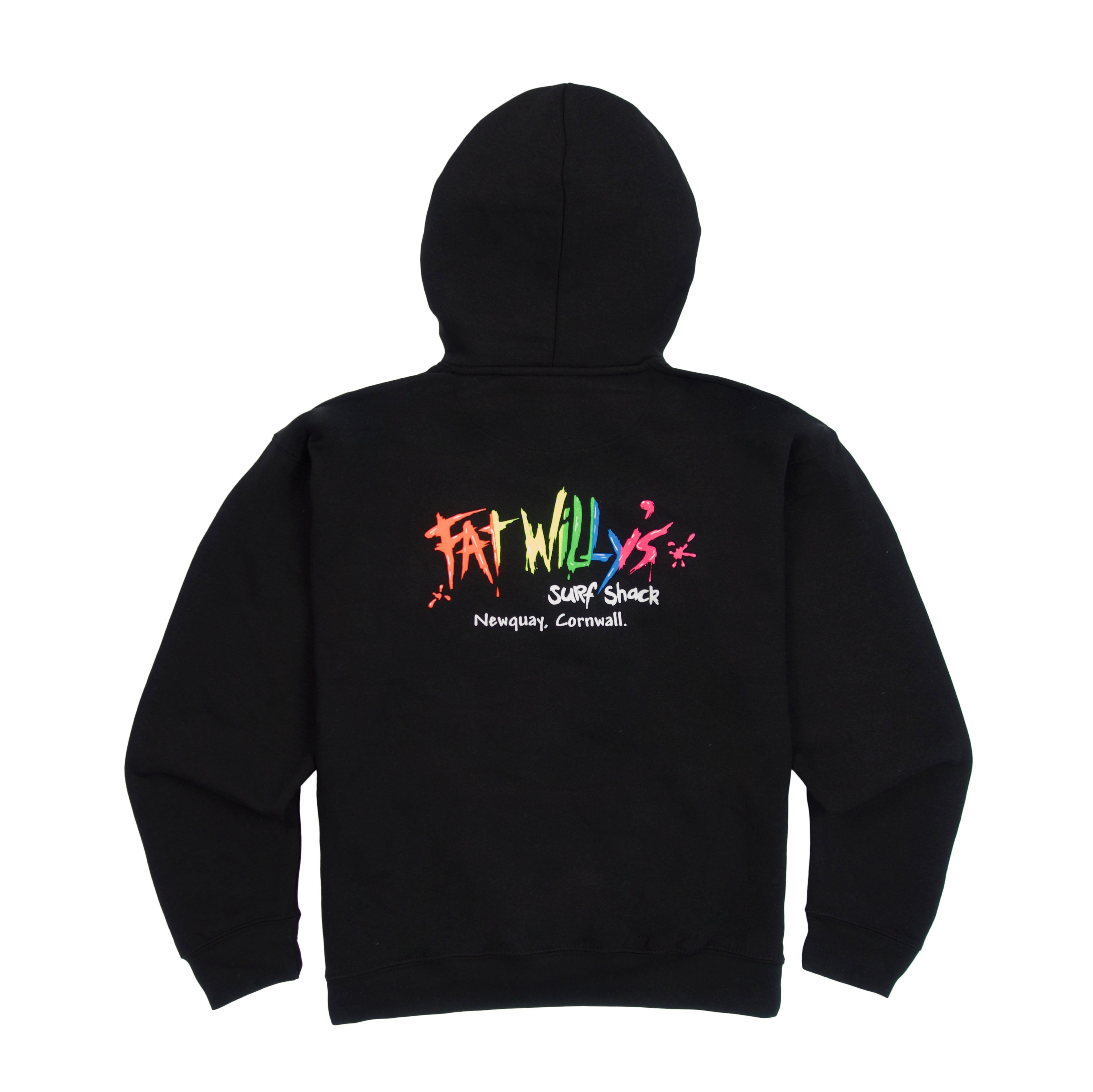 Black Adult Hoodie with retro multicolour Fat Willy’s logo