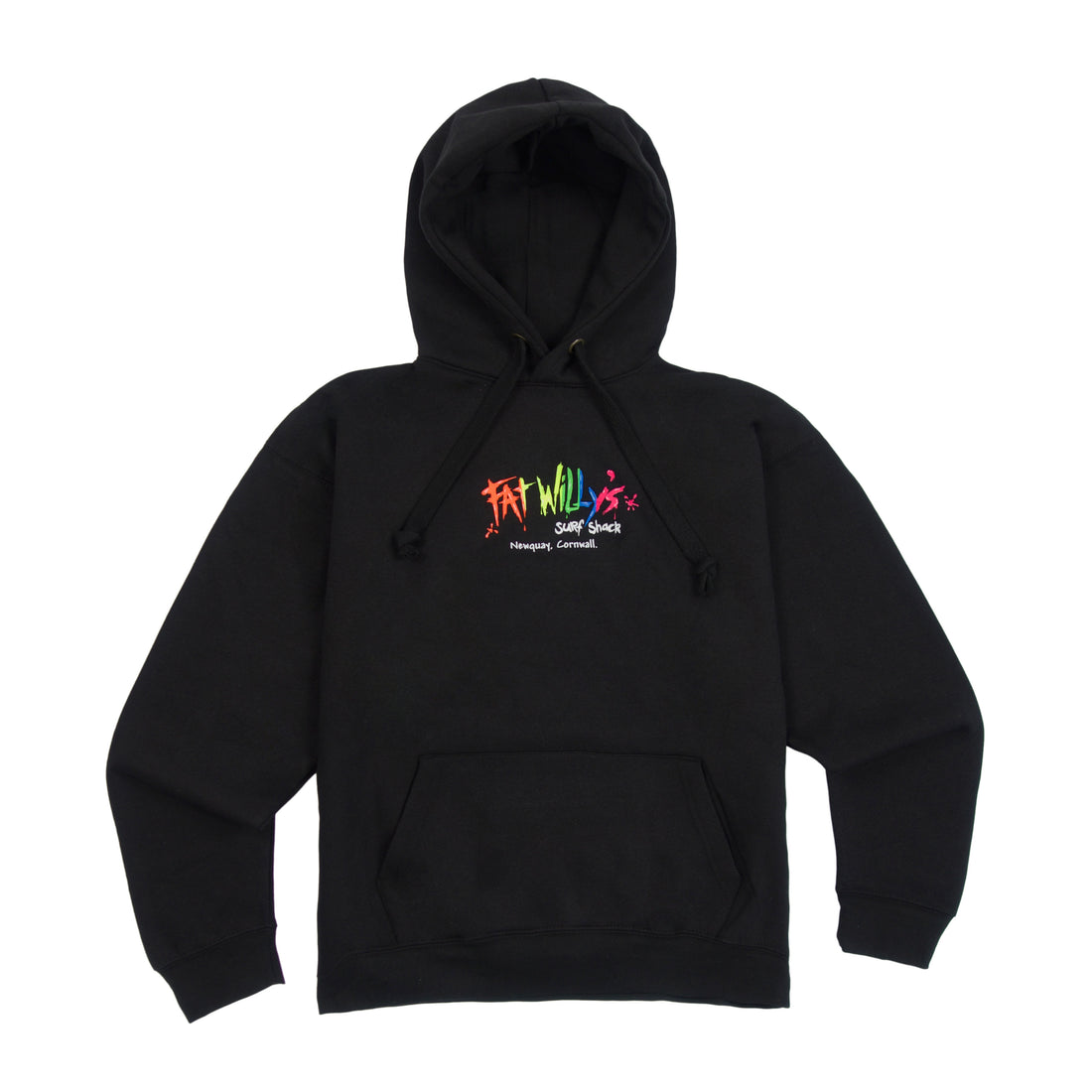A black hoodie with a vibrant retro logo in the center, featuring a double-layer hood and a kangaroo pocket.