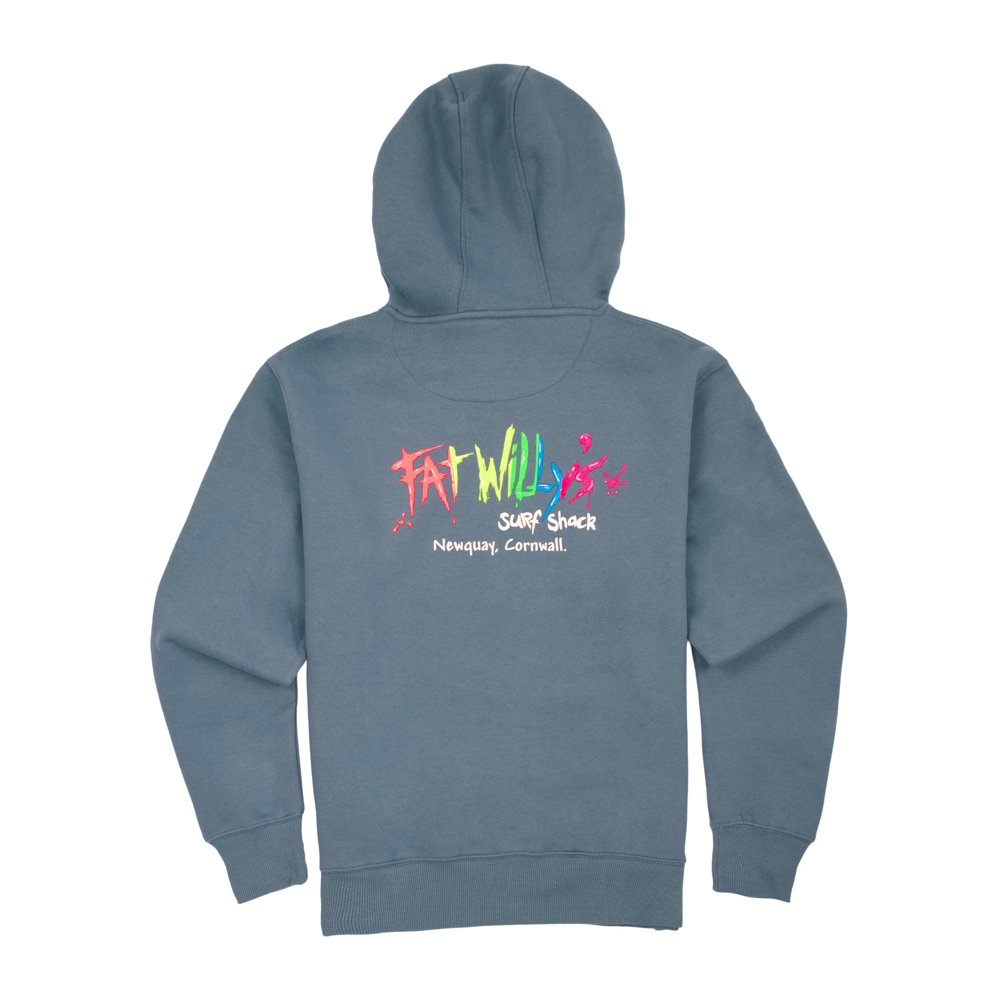 Ocean Blue hoodie with colorful text on the back against a white background