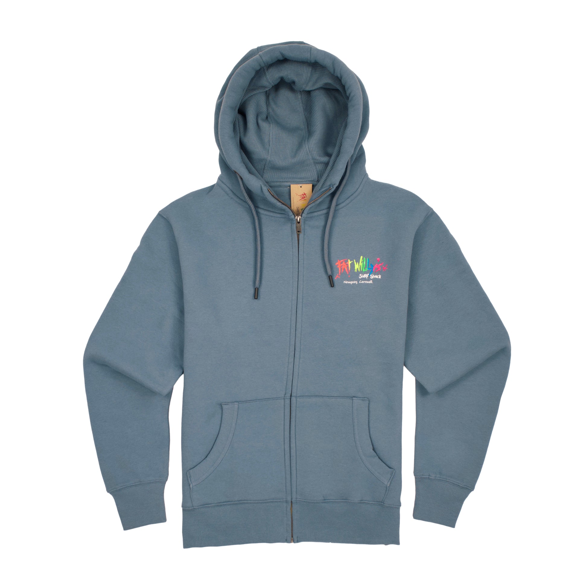 Ocean Blue hoodie with a logo on the chest against a white background