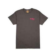 Gray t-shirt with a pink logo on a white background