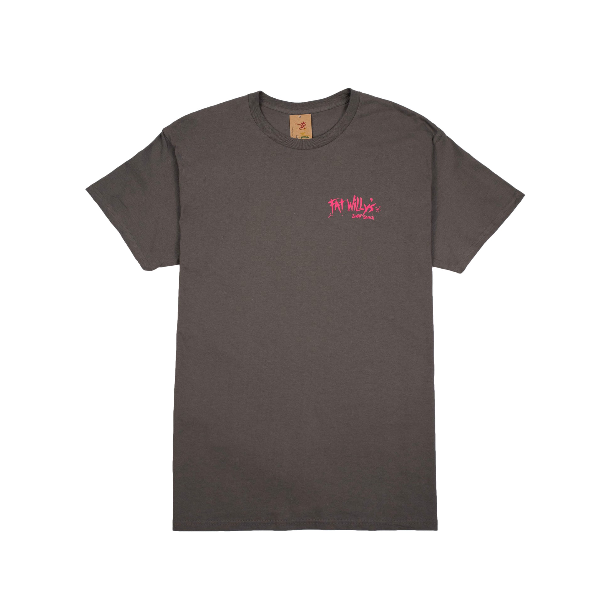 Gray t-shirt with a pink logo on a white background