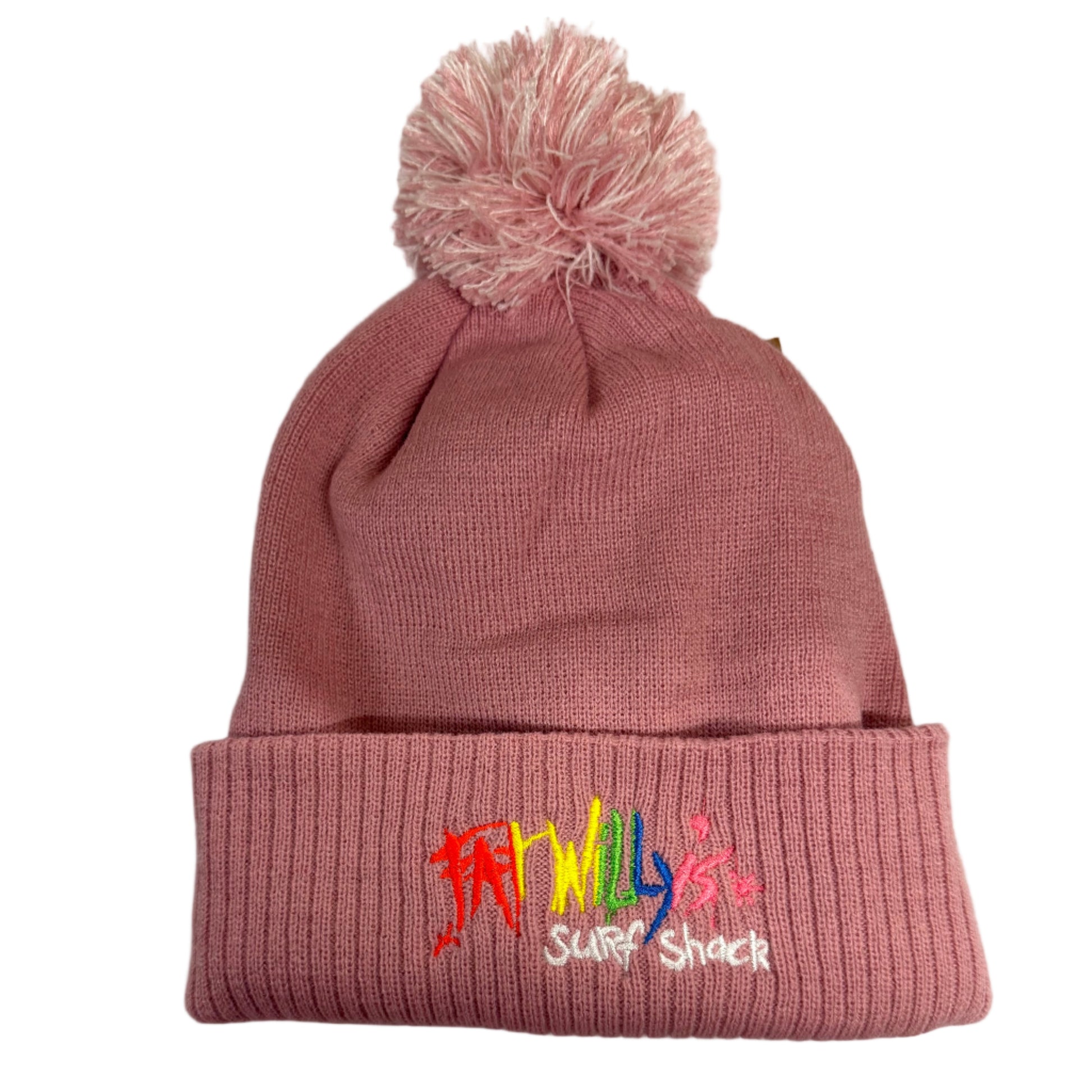 dusty pink bobble hat with colourful logo