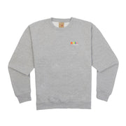Grey sweatshirt with a colorful logo on a white background
