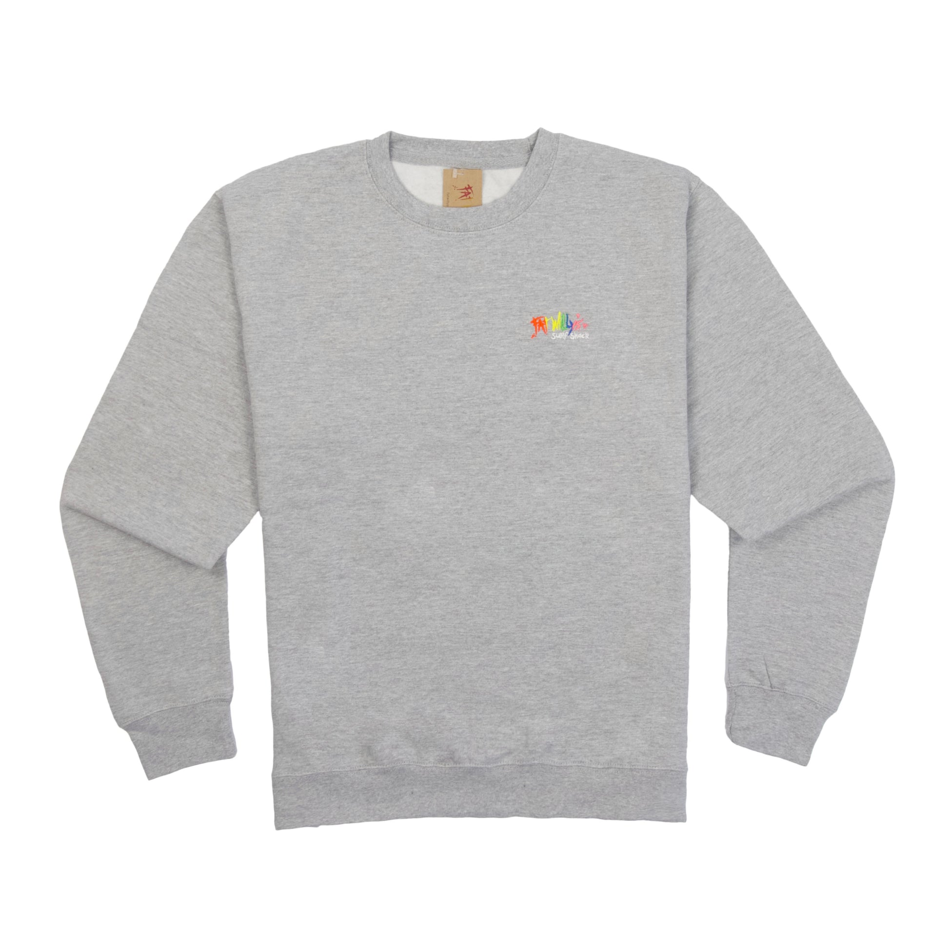 Grey sweatshirt with a colorful logo on a white background