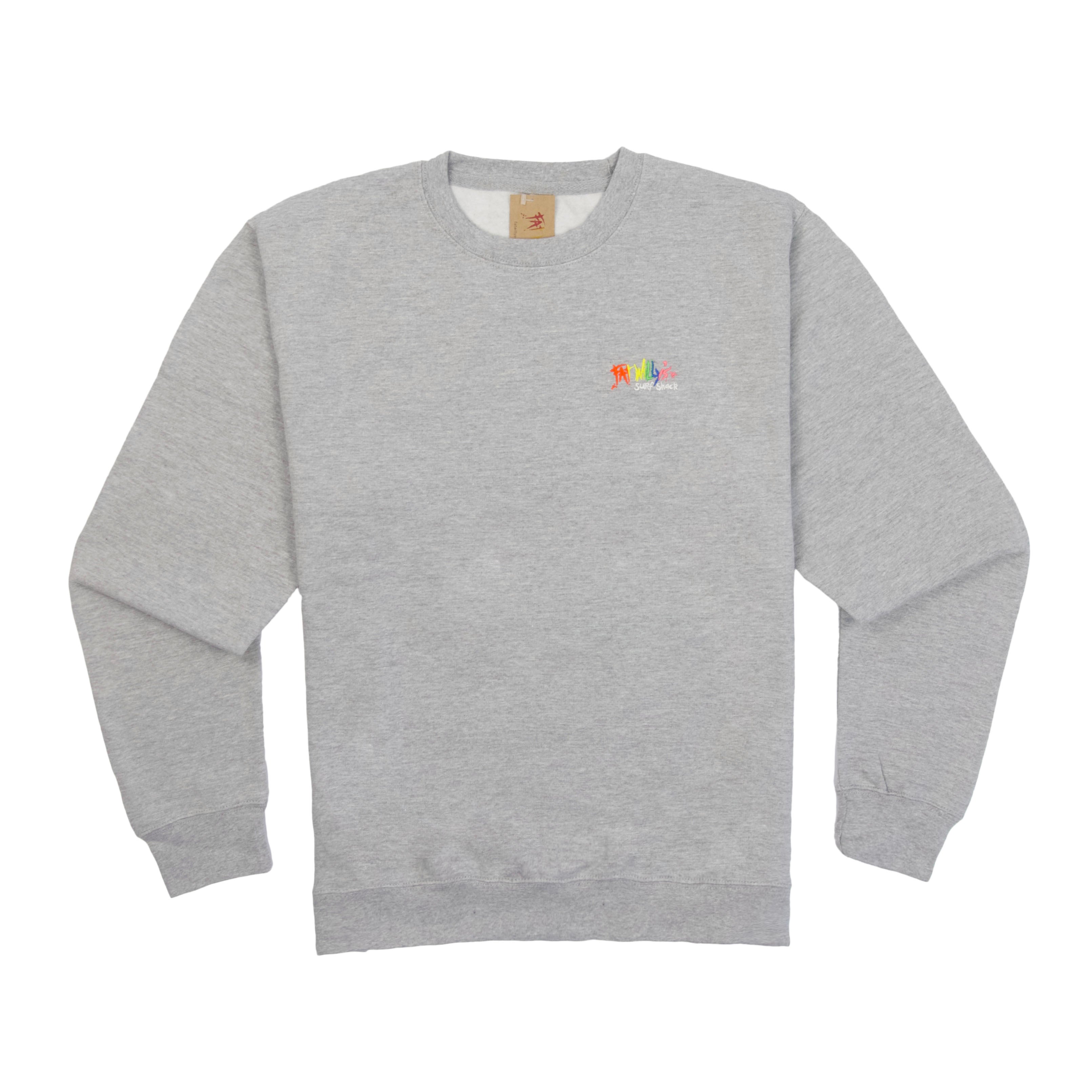 Grey sweatshirt with a colorful logo on a white background