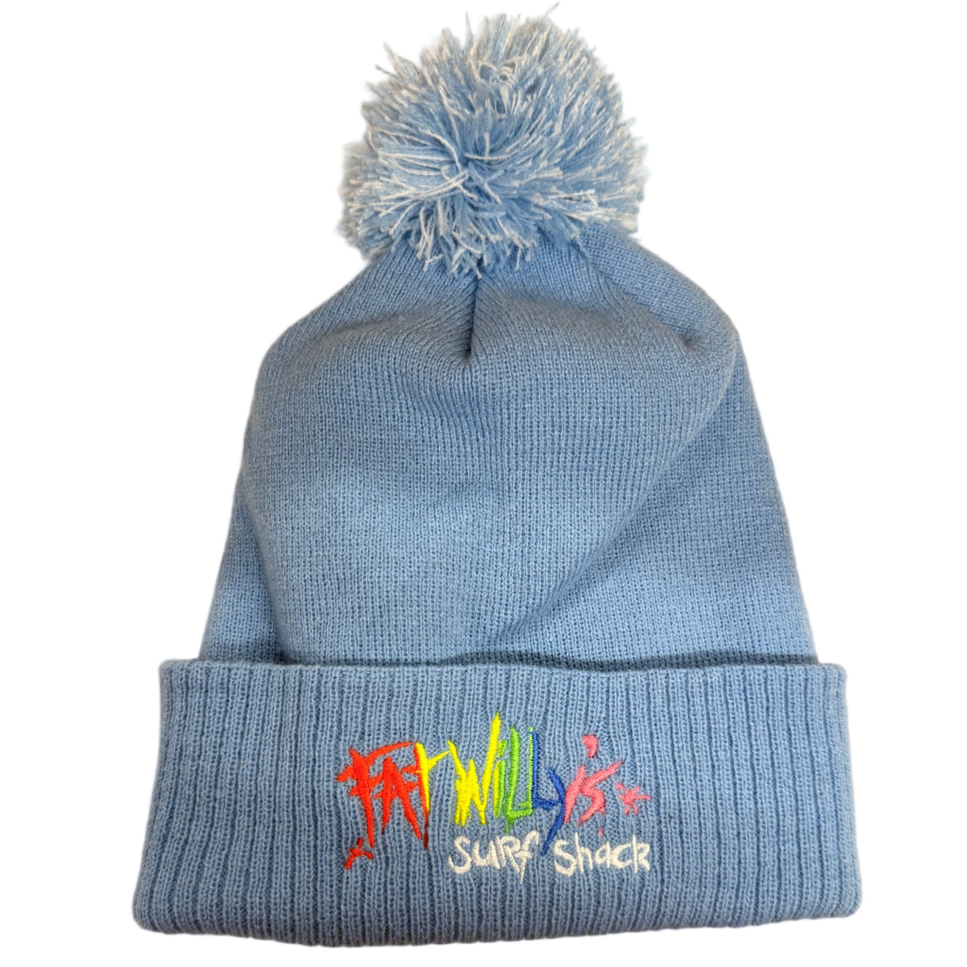 Blue bobble with colorful text on a white background