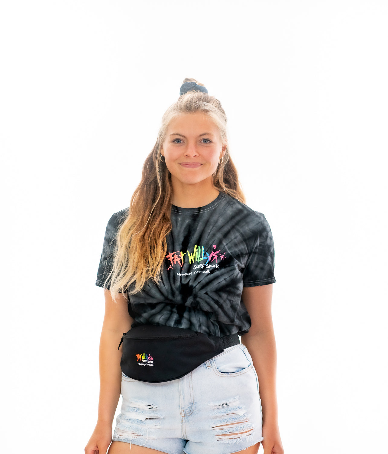model wearing a Fat Willy's Newquay bum bag in black