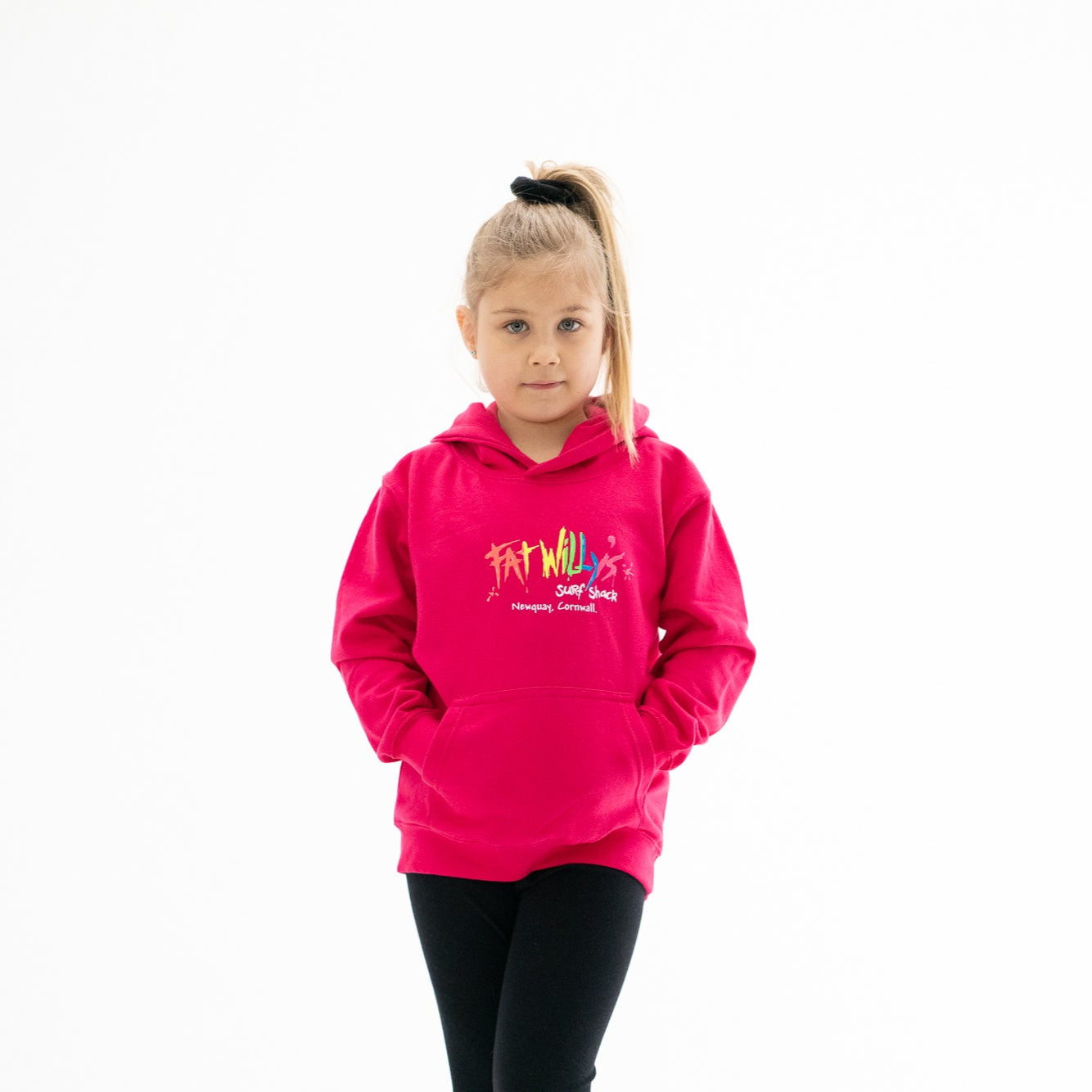 Fat Willy's Surf Shack Newquay Kids Hoodie in hot pink