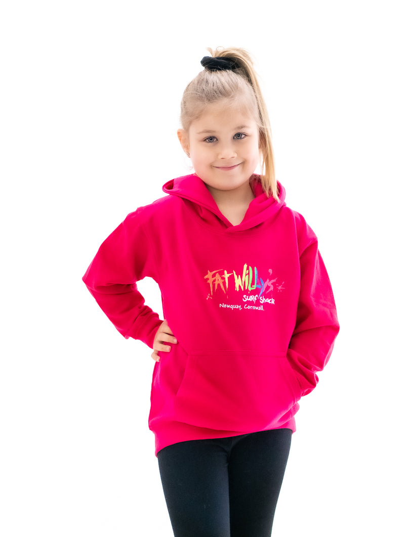 Fat Willy's Surf Shack Newquay Kids Hoodie in hot pink