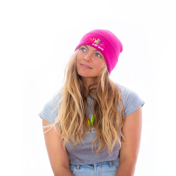 Model in pink Fat Willy's Beanie Hat Newquay