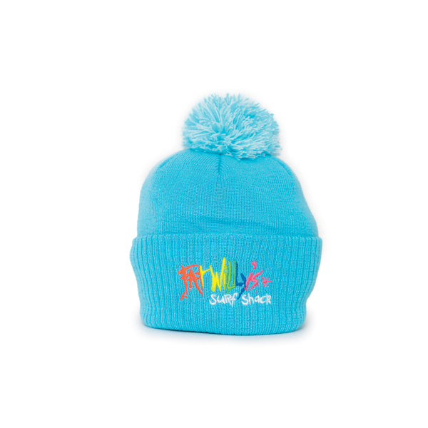 Fat Willy's Surf Shack Newquay Kids bobble hat in turquoise blue