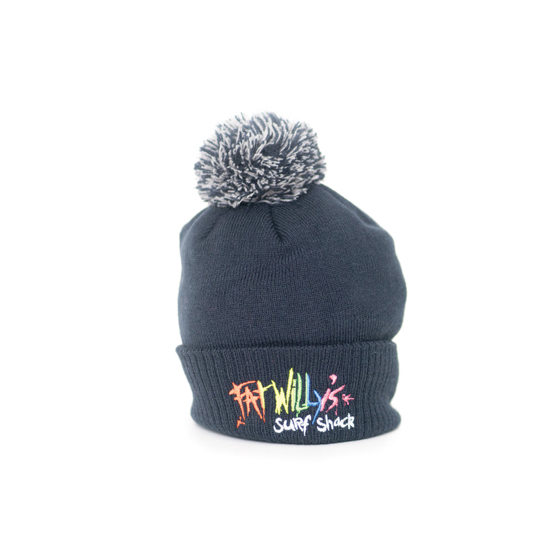 Fat Willy's Surf Shack Newquay Kids bobble hat in navy blue