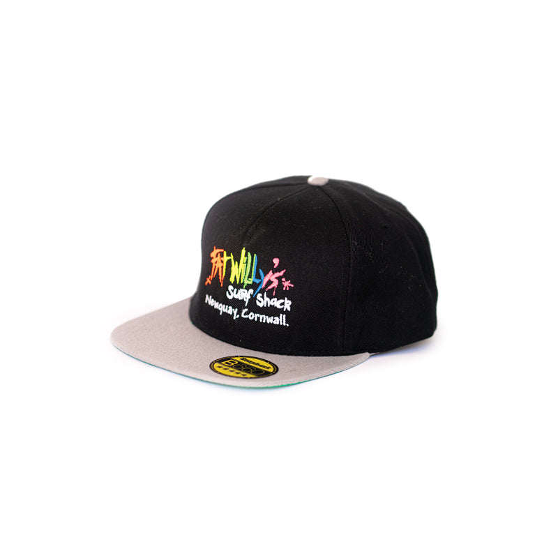 fat willy's newquay snapback cap in black and grey